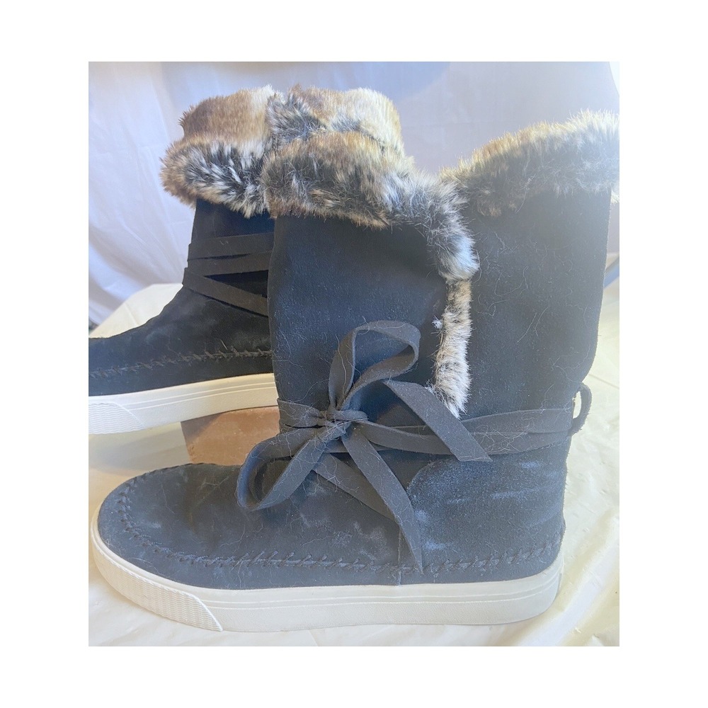 TOMS Black Suede Faux Fur Trim Moccasin Mid Calf Ribbon Tie Boots Womens